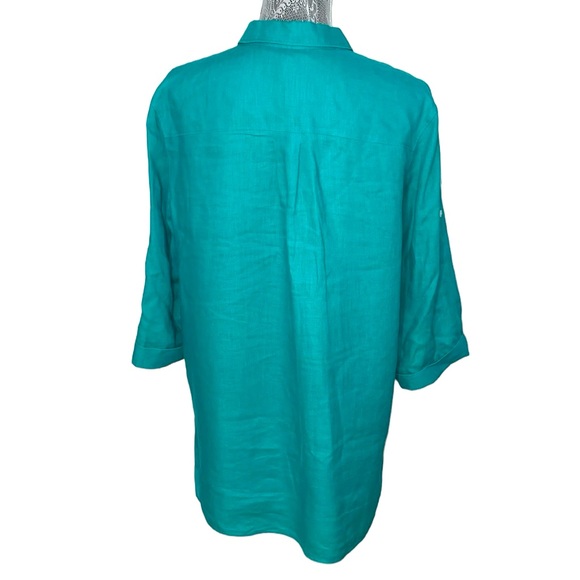 Lafayette 148 New York women's Size 10 teal green‎ linen button up shirt. - Picture 5 of 8